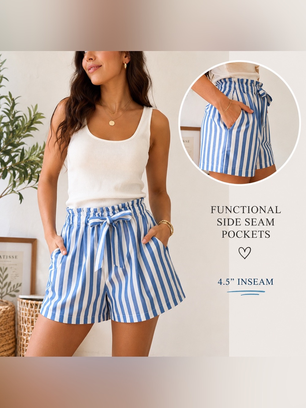 J. Crew Blue & White Striped Paperbag Waist Shorts—Cotton/Linen Blend